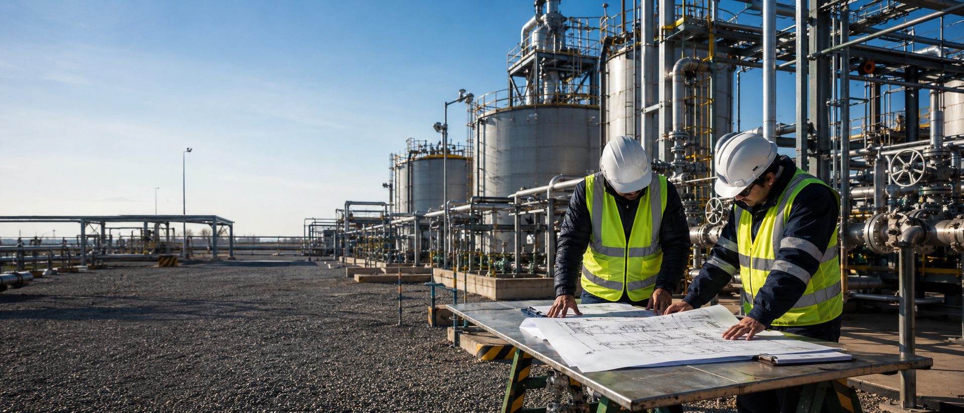 Equipo de ingeniería revisando planos en una instalación industrial