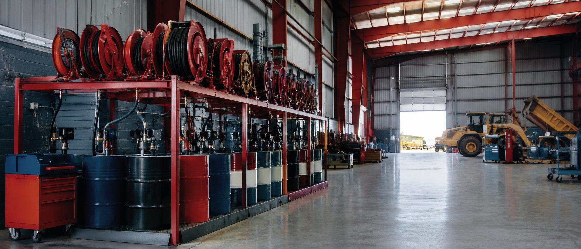 Rack de lubricación multifluido en taller de mantenimiento minero