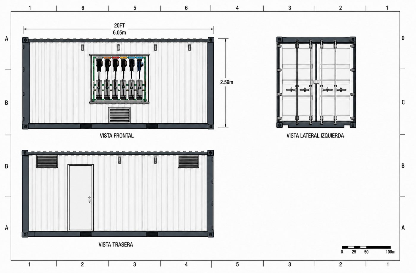 Plano técnico de lubricantera contenerizada de 20 pies: vistas frontal, lateral y trasera